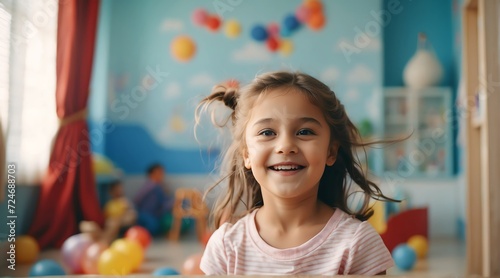 Portrait of a happy kid girl playing on a kindergarten room from Generative AI