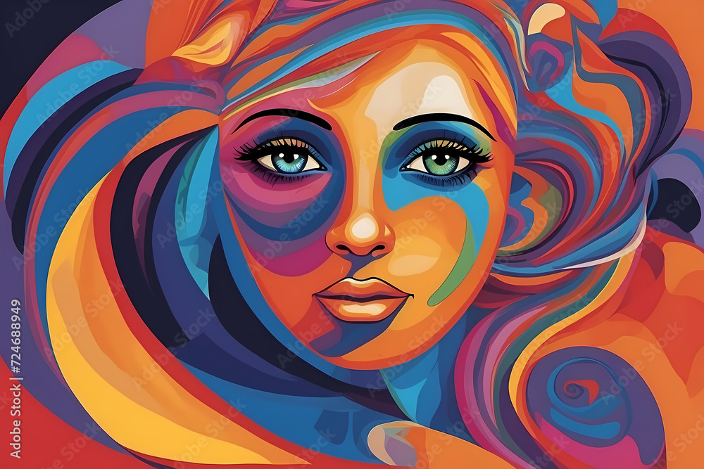 Abstract illustration of a woman's face with Heterochromia in a colorful psychedelic background