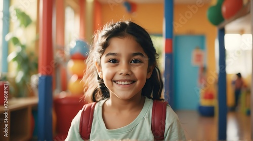 Portrait of a happy kid mexican girl playing on a kindergarten room from Generative AI