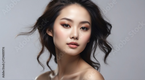 Portrait of attractive asian woman for beauty skin care ad concept on plain white background from Generative AI