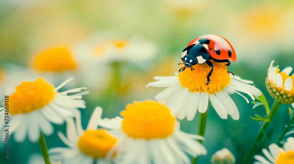 Ladybug on daisy in vibrant spring meadow, shallow depth of field.
