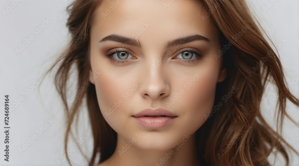 Portrait of attractive caucasian woman for beauty skin care ad concept on plain white background from Generative AI Portrait of attractive caucasian woman for beauty skin care ad concept on plain white background from Generative AI