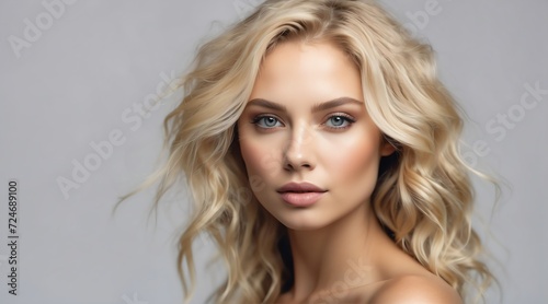 Portrait of attractive blonde woman for beauty skin care ad concept on plain white background from Generative AI