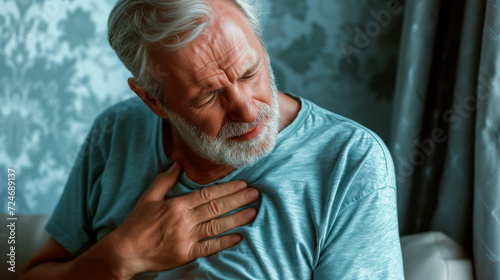 Senior man clutching chest in pain, concept of heart attack, health emergency. 