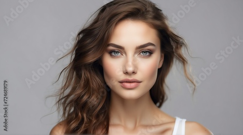 Portrait of attractive caucasian woman for beauty skin care ad concept on plain white background from Generative AI