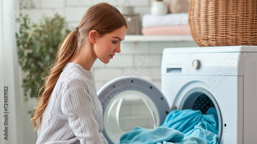 Young woman doing laundry at home, routine household chore, washing machine.
