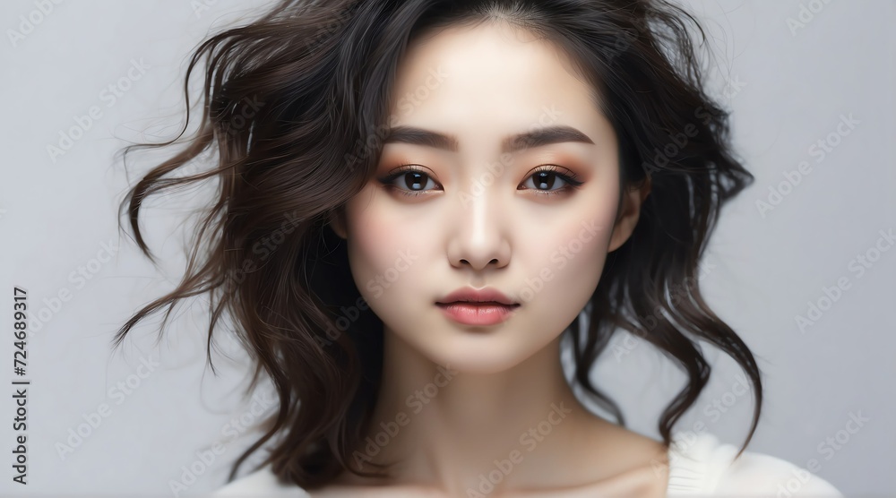 Portrait of attractive japanese woman for beauty skin care ad concept on plain white background from Generative AI Portrait of attractive japanese woman for beauty skin care ad concept on plain white background from Generative AI