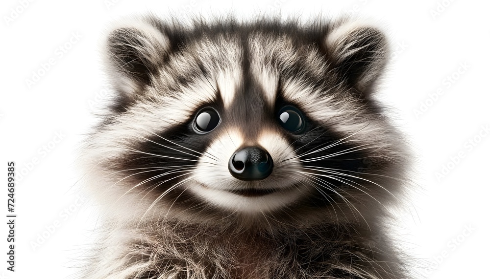 Cute Funny Raccoon in Closeup Portrait Isolated on White: Playful Nature Highlighted with Bright Lighting and Sharp Focus