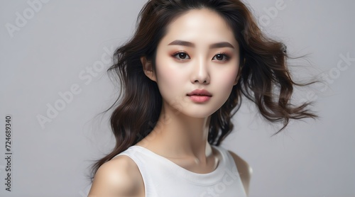 Portrait of attractive korean woman for beauty skin care ad concept on plain white background from Generative AI