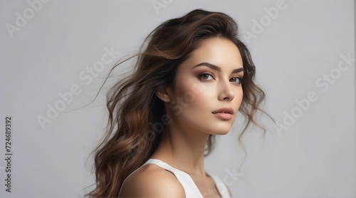 Portrait of attractive woman for beauty skin care ad concept on plain white background from Generative AI