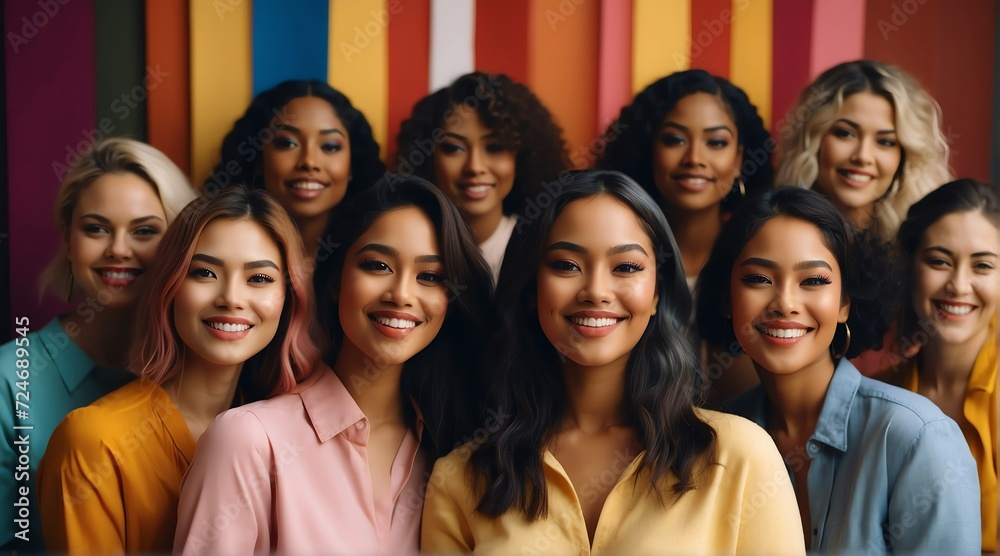 Fototapeta premium Portrait of diverse inclusive group of happy woman, woman's month concept, colorful theme from Generative AI