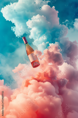 Wine bottle flying into colorful pink blue colour clouds.
