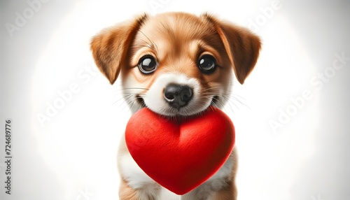 Funny Puppy Dog Holding Red Heart for St. Valentine's Day: Playful Expression Isolated on White Background with Cheerful Lighting © pwkgfx