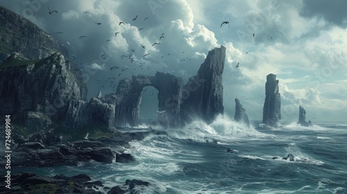 Stormy seascape with rocks and sea gulls. 3D illustration