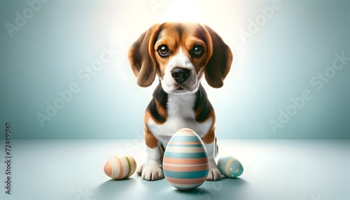 a happy cute dog sitting with a Easter egg next to him on an Easter themed background for Easter  © Zense