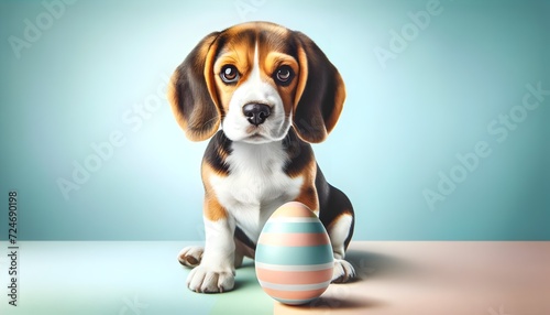 a happy cute dog sitting with a Easter egg next to him on an Easter themed background for Easter 