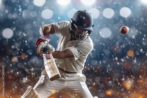 Close-up shot of a cricket player hitting the ball in a front view action shot.
