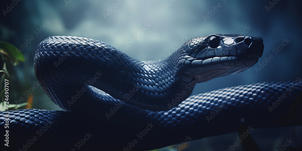 Majestic Blue Serpent Slithering in Shadows: High-Resolution Venomous Snake Photography - obrazy, fototapety, plakaty 