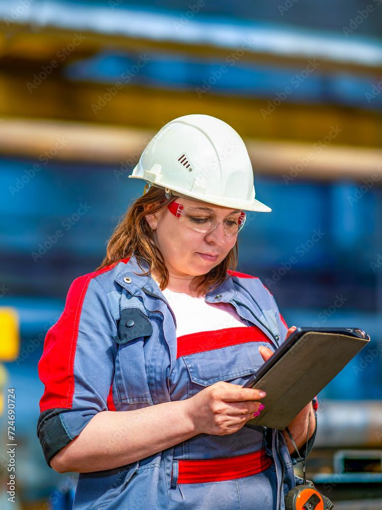 Woman engineer in a uniform, helmet and safety glasses checks and controls using a tablet the software of equipment at an in industrial factory.