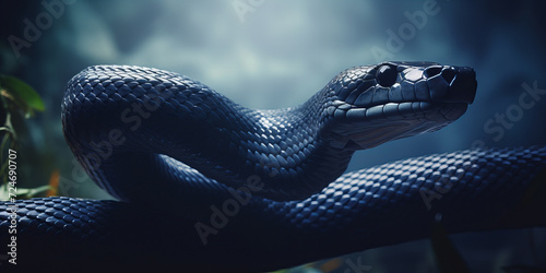 Majestic Blue Serpent Slithering in Shadows: High-Resolution Venomous Snake Photography photo