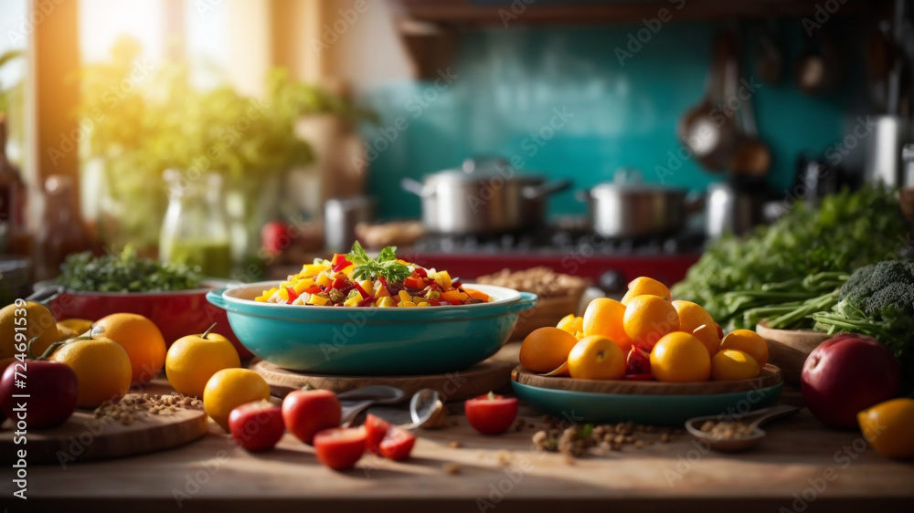 Healthy Food  Being cooked At  Kitchen Background, Vibrant Bright Colors