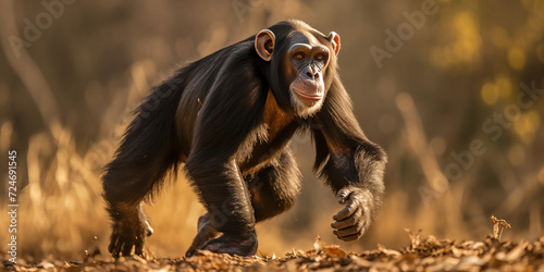 Majestic Chimpanzee in Natural Habitat: A Wildlife Portrait in Golden Hour Illumination - Conservation and Biodiversity Theme photo