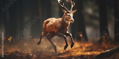 Majestic Stag in Dynamic Mid-Leap through Sunlit Forest - Wildlife Elegance Captured in High Resolution © Алинка Пад