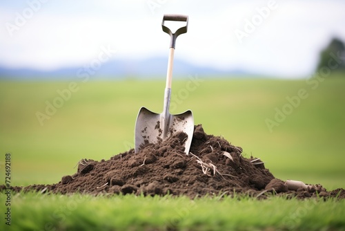 a pile of cow manure with a hand trowel on a grassy field photo
