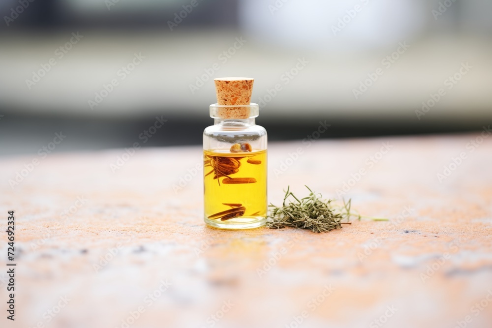 detail of essential oil in tiny glass bottle on granite detail of essential oil in tiny glass bottle on granite