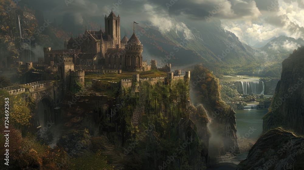 Beautiful fantasy landscape with a castle on the background of the mountains