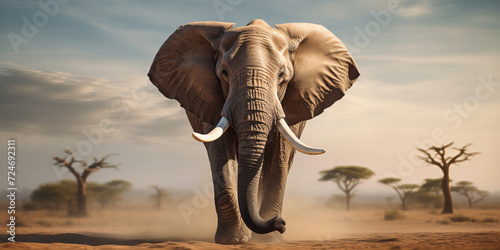 Majestic African Elephant in its Natural Habitat with Dust and Trees