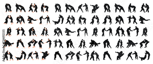 Silhouettes of 60 sports couples judoka fighter. Judoist, judoka, athlete, duel, fight, judo, isolated vector