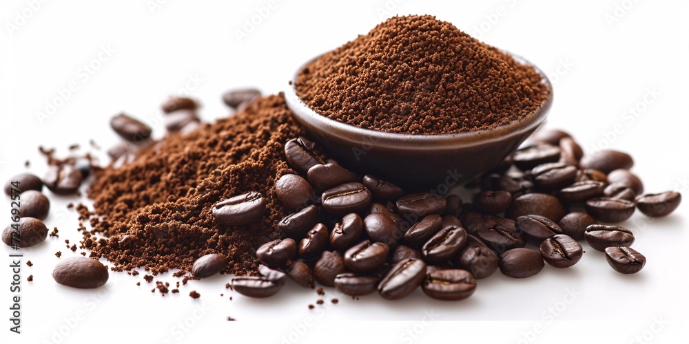 Pile of coffee grounds and beans on a blank canvas. Pile of coffee grounds and beans on a blank canvas.