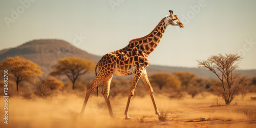 Majestic Giraffe Wandering in a Serene African Savanna at Sunset - Wildlife Beauty in Natural Habitat