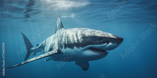 Majestic Great White Shark Gliding Gracefully Through Sunlit Ocean Depths - Underwater Photography