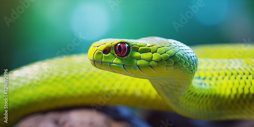 Vibrant Green Snake Close-Up with Mesmerizing Red Eyes in a Natural Blur Background