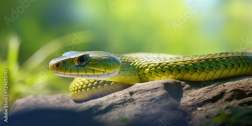 Vibrant Green Snake in Natural Habitat with Soft Focus Background - Exotic Wildlife Photography