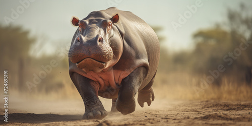 Majestic African Hippopotamus Charging in Dusty Savannah Landscape - High-Resolution Exotic Wildlife Photography