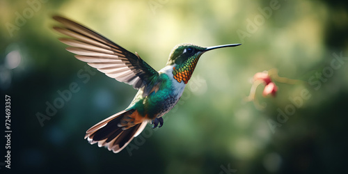 Vivid and Graceful Hummingbird in Flight Approaching Blossom - Nature Photography