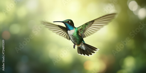 Elegant Hummingbird in Flight Captured Against a Soft, Sunlit Bokeh Background - Vivid Colors and Exquisite Detail in Nature Photography