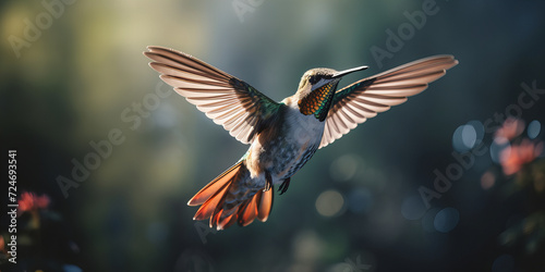 Majestic Hummingbird in Flight Featuring Iridescent Feathers and Ethereal Forest Bokeh Background