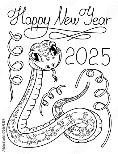 New Year 2025 snake coloring page. Hand drawn sketch illustration for children and adults.