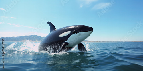 Majestic Orca Whale Leaping from Ocean Waters with Mountainous Horizon and Clear Blue Sky