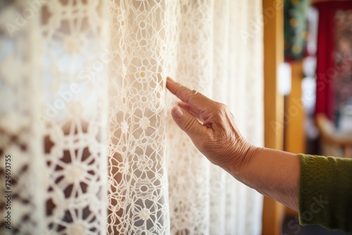 fingertips tracing the patterns on a lace curtain in a home store