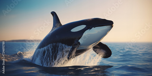Majestic Orca Whale Breaching The Ocean Surface At Sunset With Splashing Water Against A Warm Sky