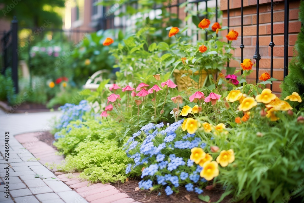 flower bed with perennial plants beside a brick path