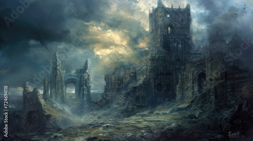 Fantasy landscape with ruins of an ancient temple in the mountains.