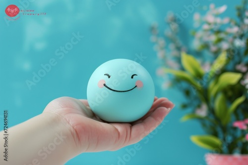 Happy Smiley symbol colorful round circle ball in hand expressing joy and happiness. Smiley and Happy Face Cheerful Emoji Laughing smile radiate positive emotions. Grinning Joyful Expression icon face photo