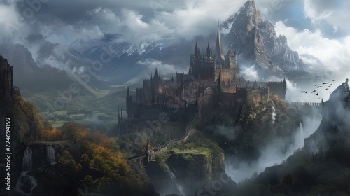 Fantasy landscape with castle and waterfall in the fog. 3d rendering