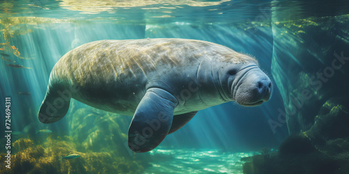 Serene Manatee Gliding in Sunlit Water Surrounded by Marine Flora - High-Resolution Underwater Wildlife Photography